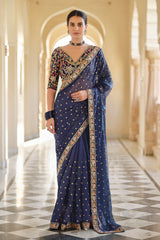 Blue Organza Saree with Zari, Thread & Sequins Work Unstitched Bangalori Silk Blouse
