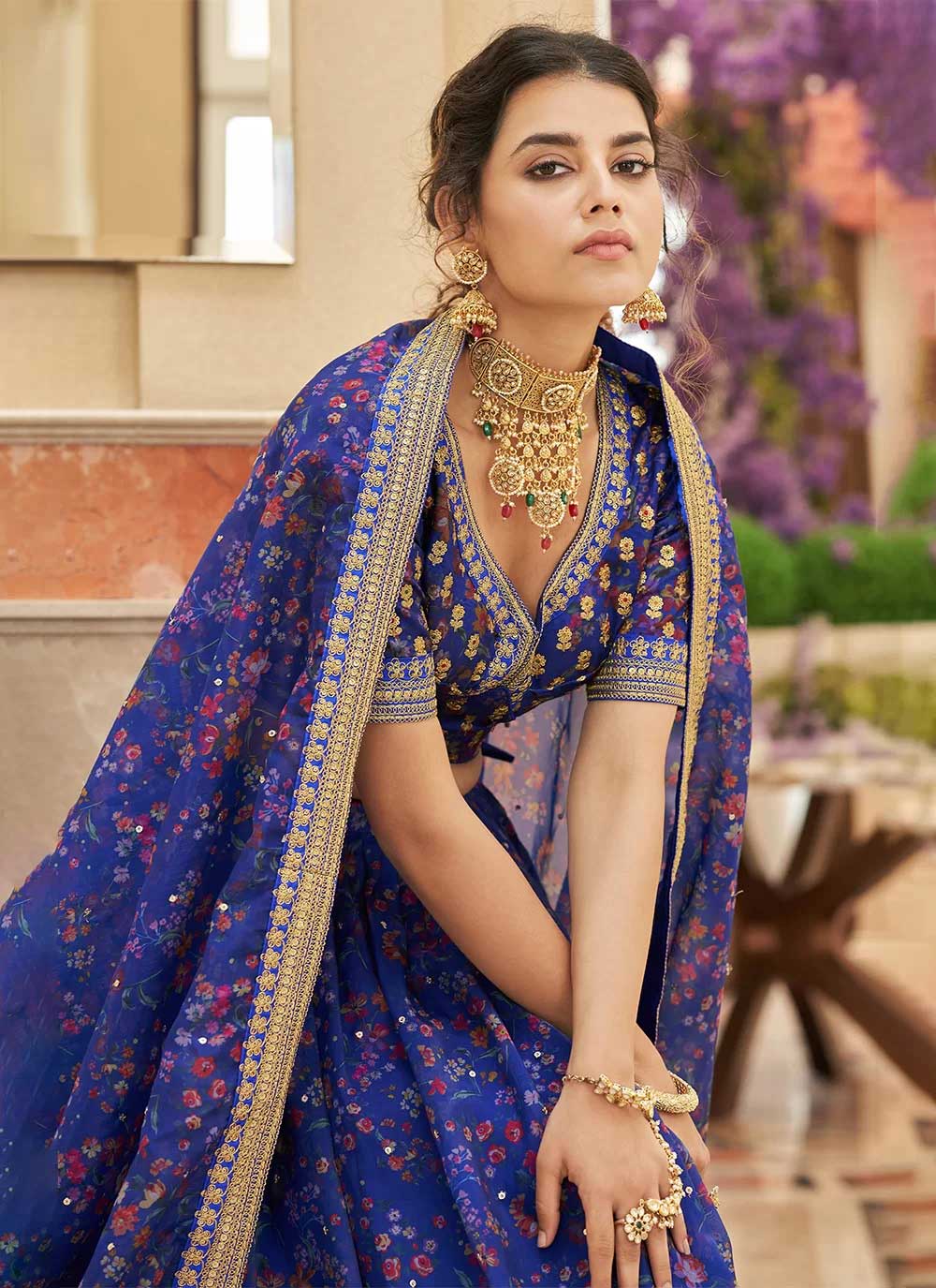 Blue organza thread and zari embroidered indian wedding lehenga