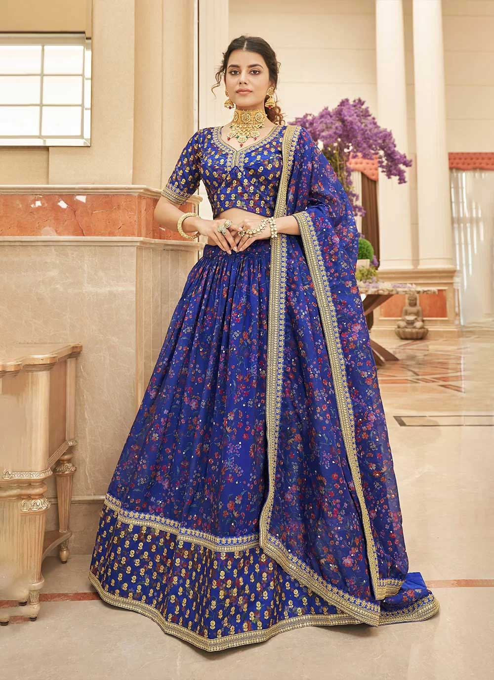 Blue organza thread and zari embroidered indian wedding lehenga