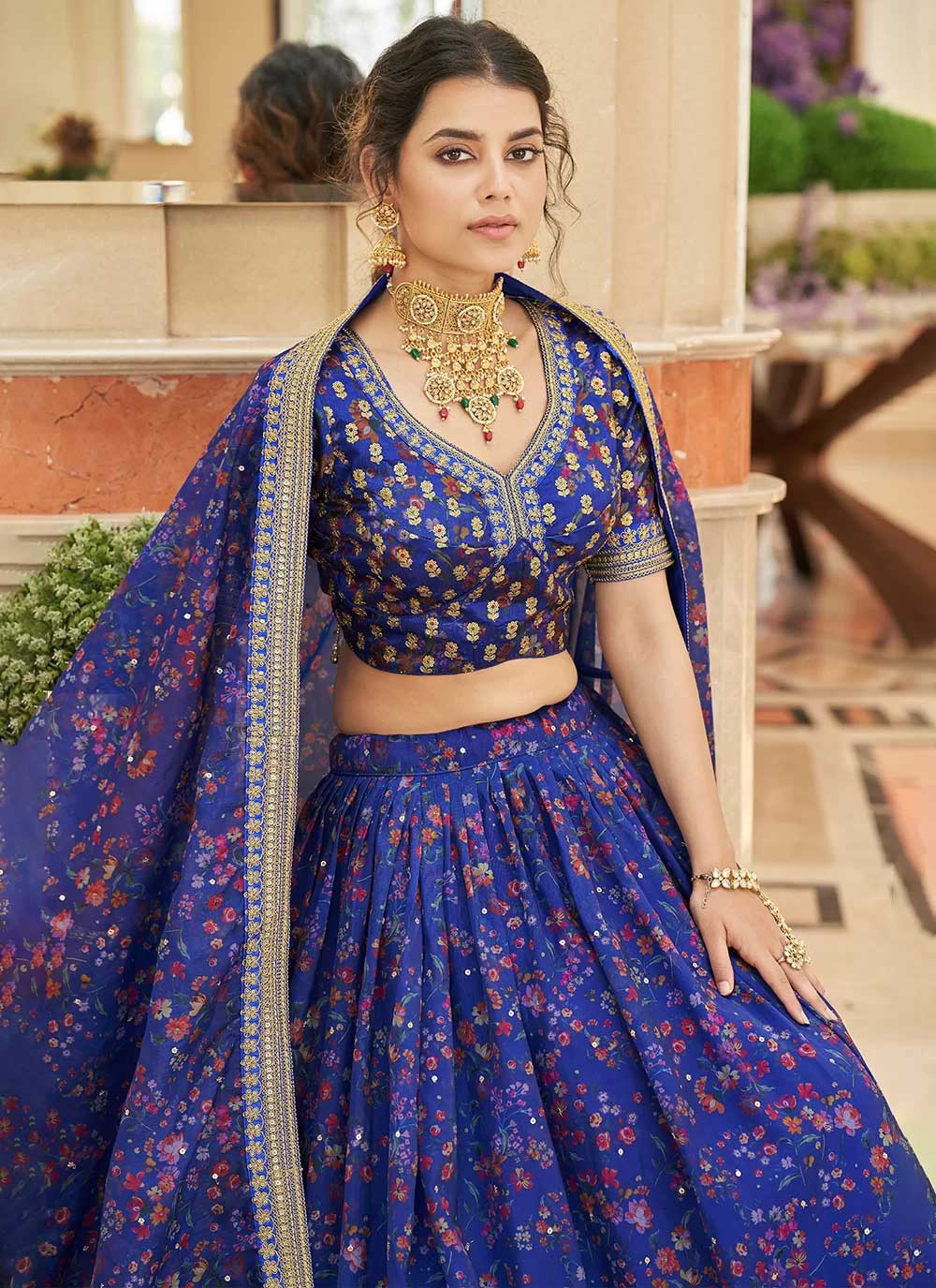 Blue organza thread and zari embroidered indian wedding lehenga