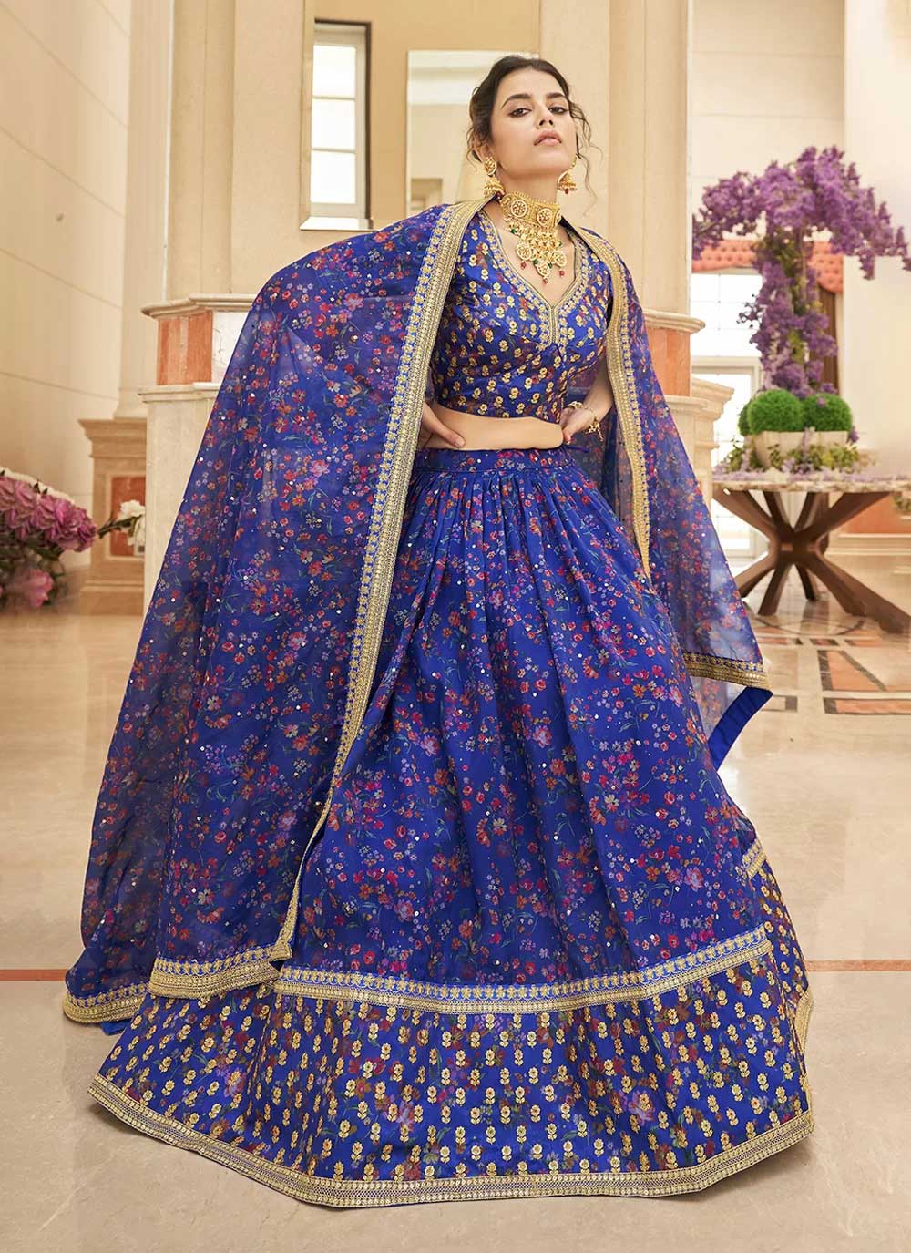 Blue organza thread and zari embroidered indian wedding lehenga