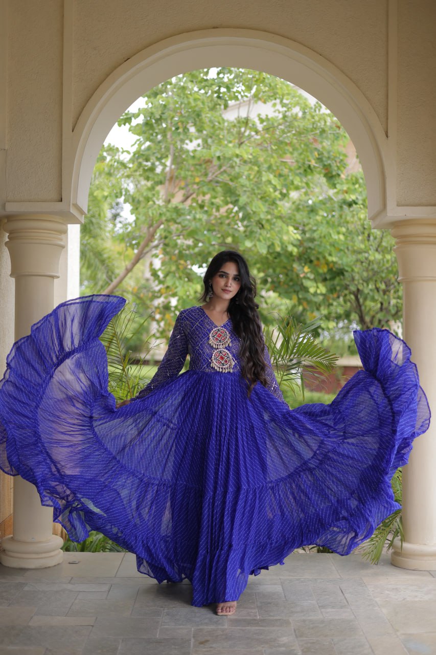 Blue Patchwork Laheriya Print Gown