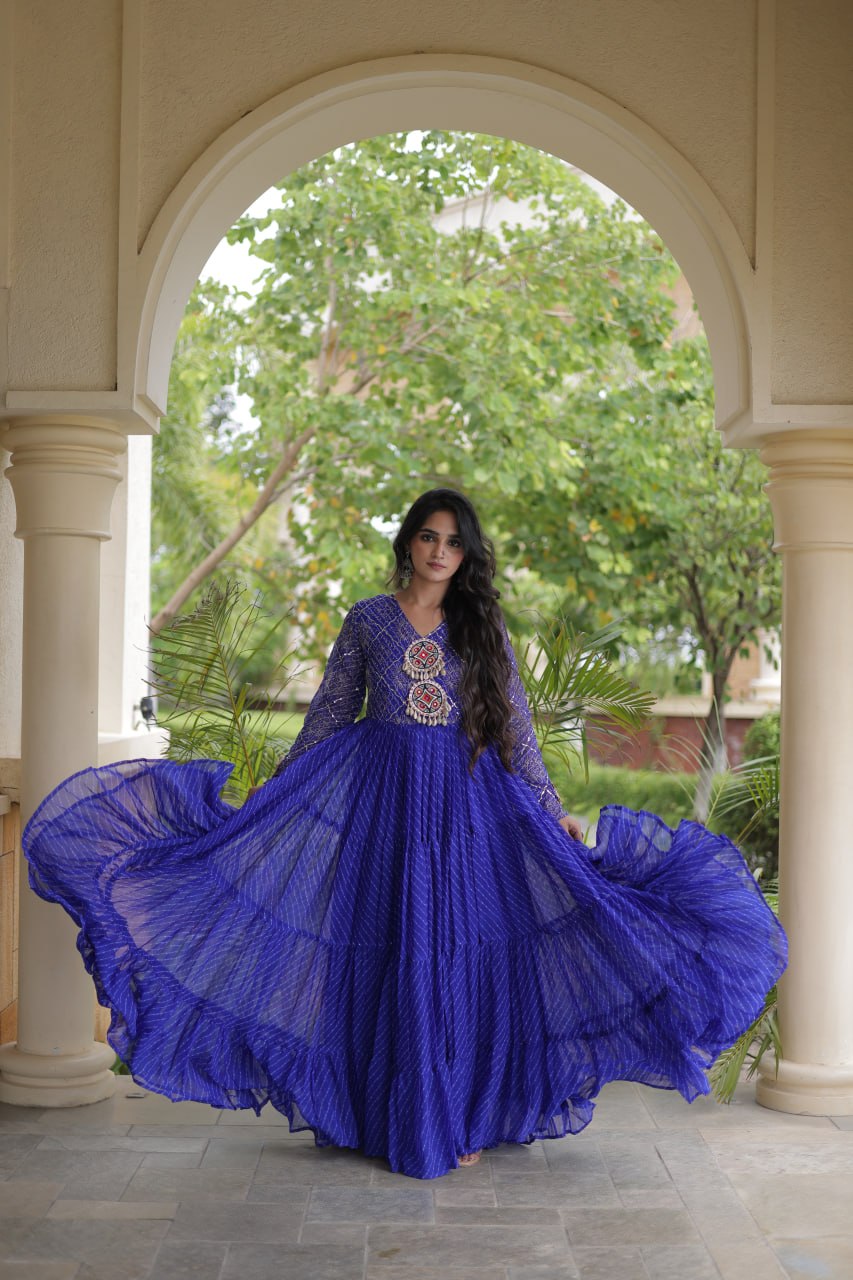 Blue Patchwork Laheriya Print Gown