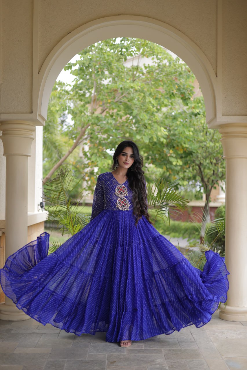 Blue Patchwork Laheriya Print Gown