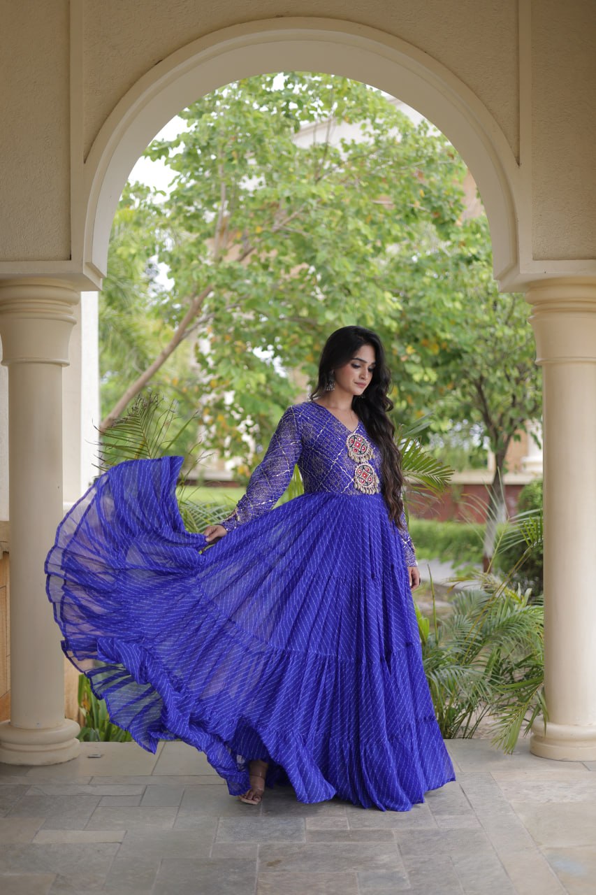 Blue Patchwork Laheriya Print Gown
