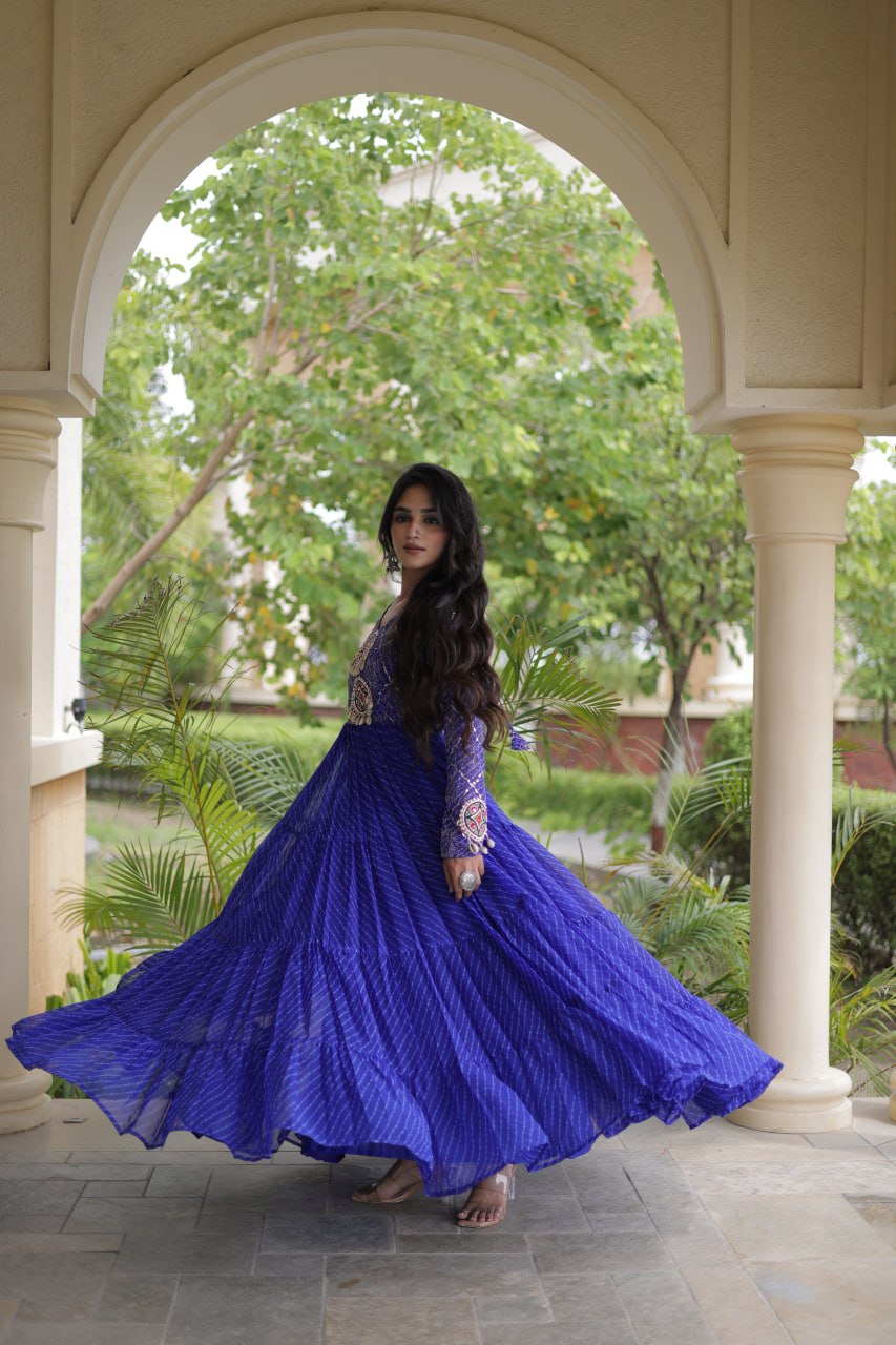 Blue Patchwork Laheriya Print Gown