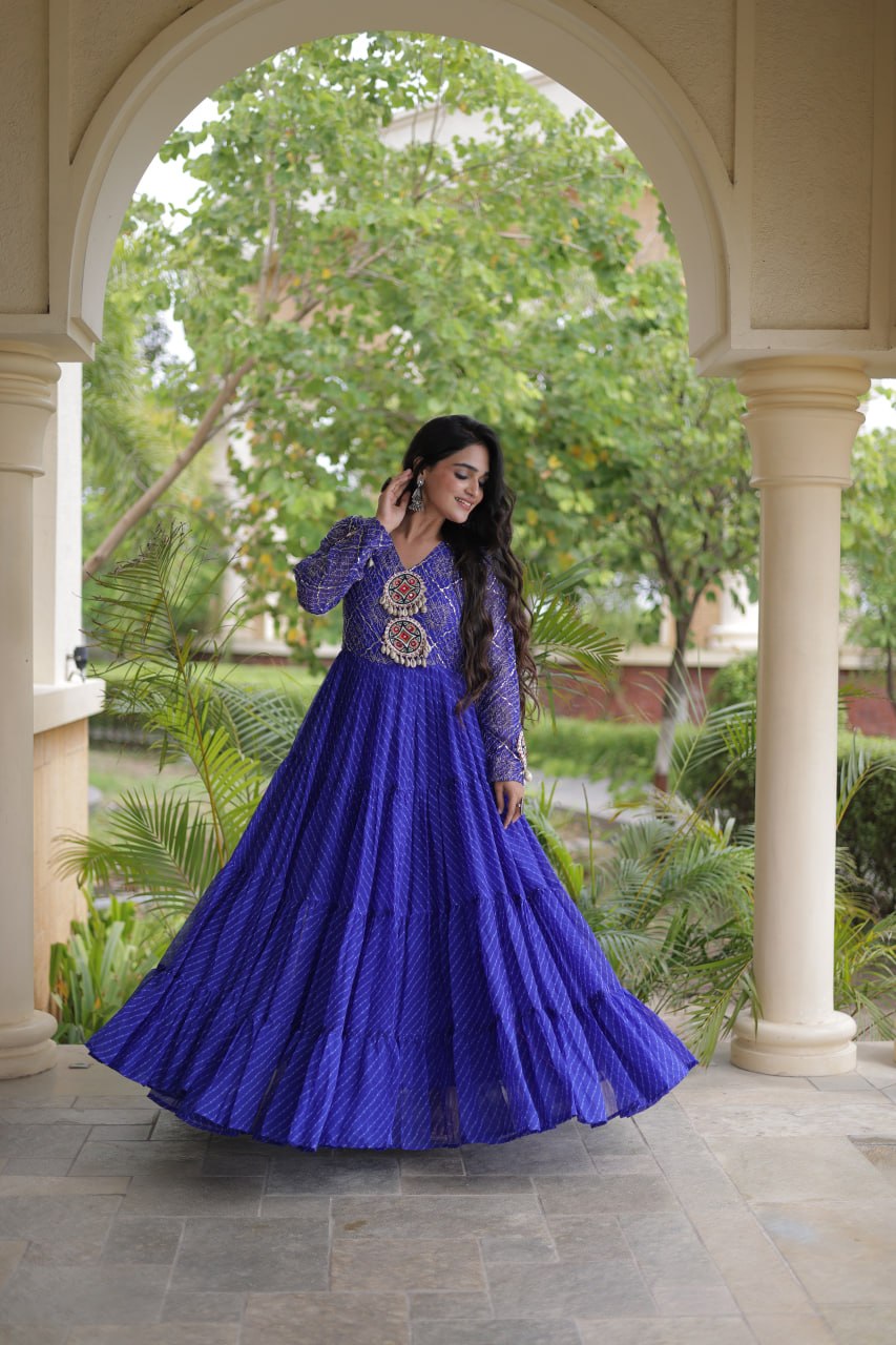Blue Patchwork Laheriya Print Gown