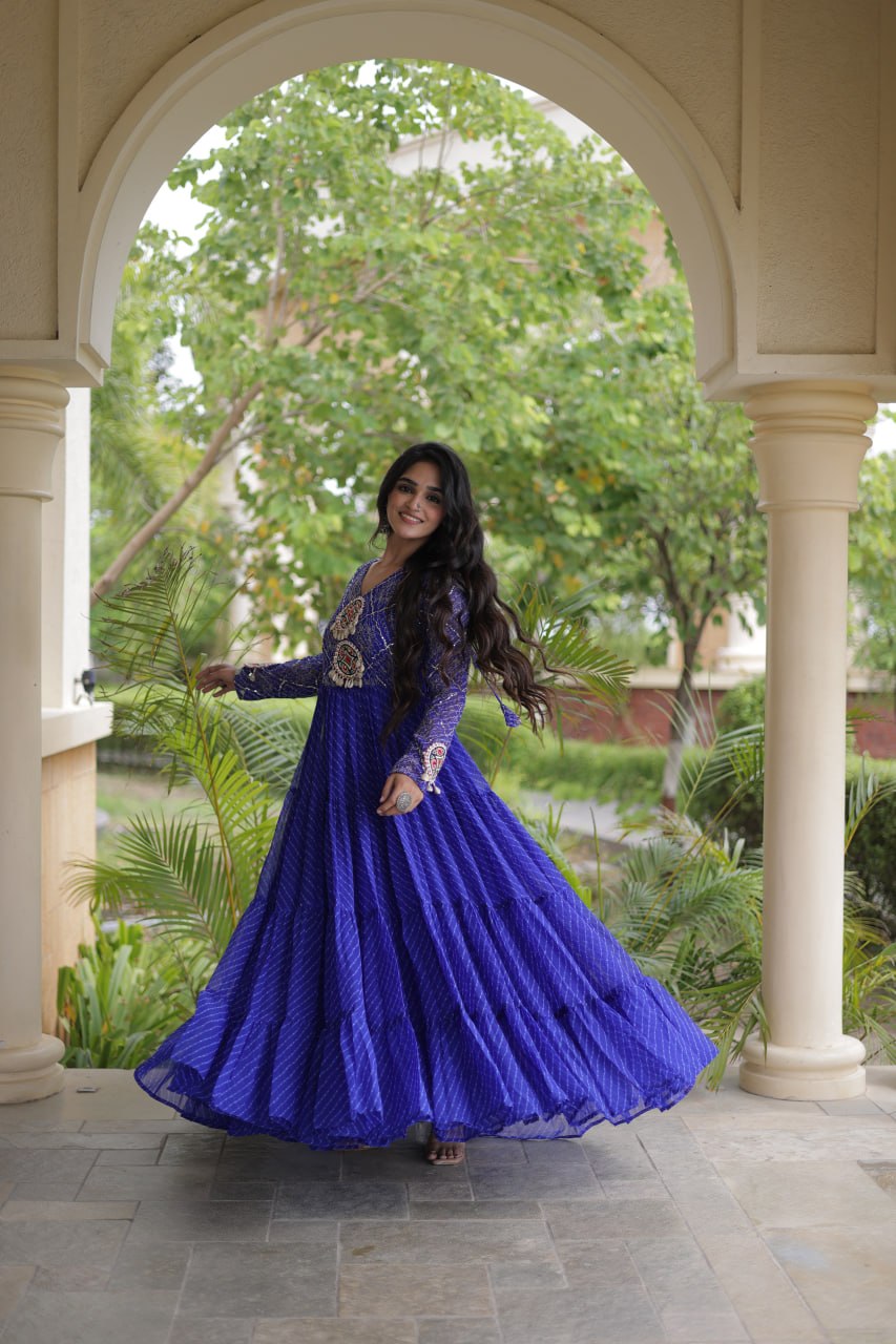 Blue Patchwork Laheriya Print Gown