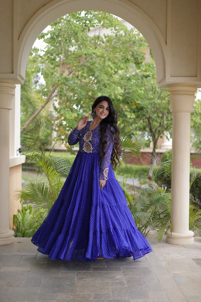 Blue Patchwork Laheriya Print Gown