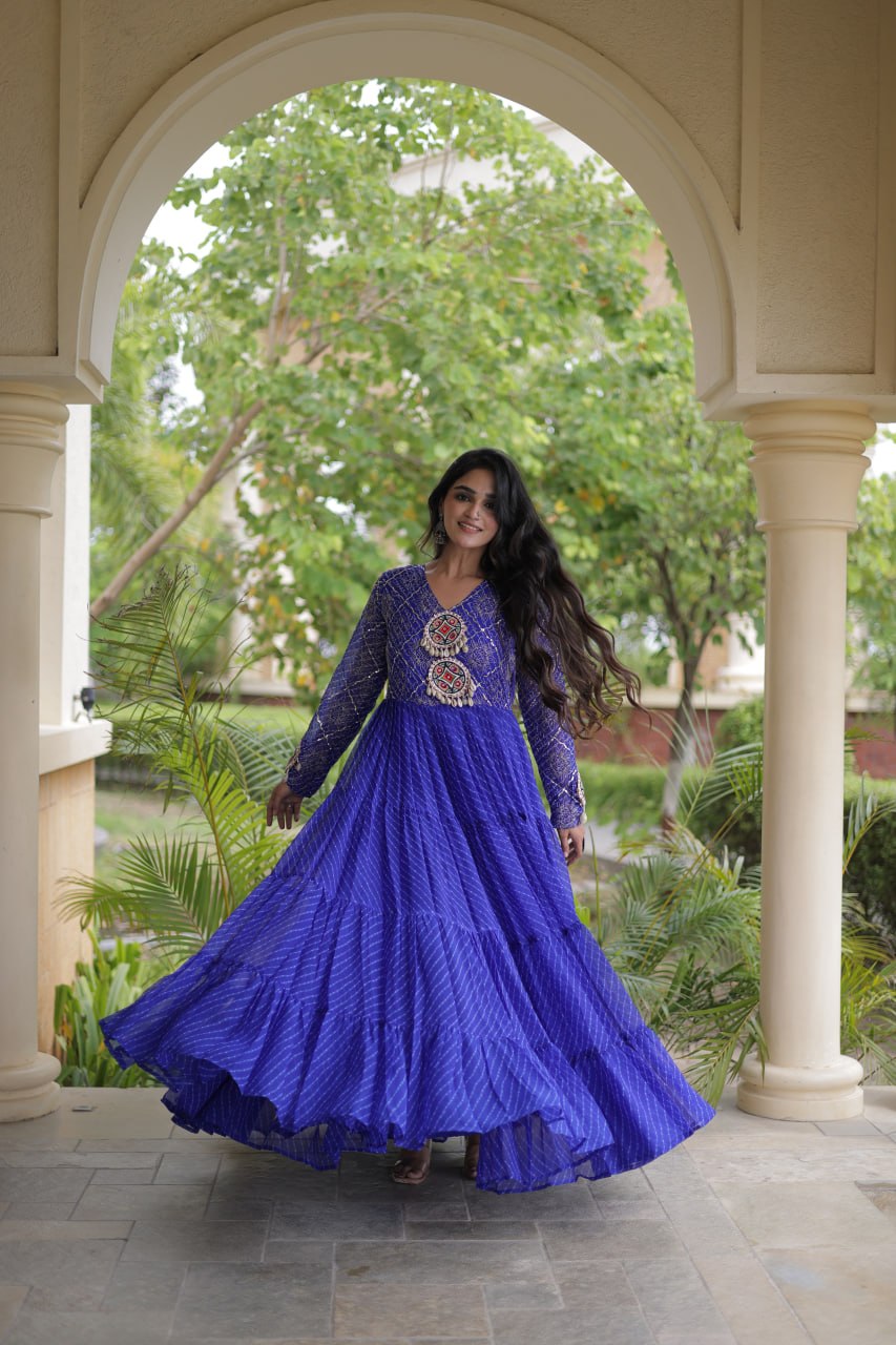 Blue Patchwork Laheriya Print Gown