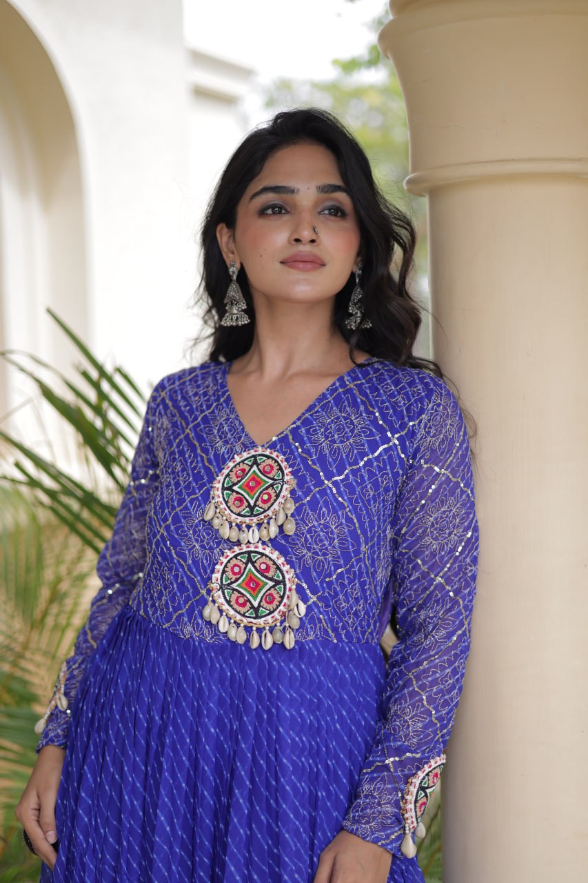 Blue Patchwork Laheriya Print Gown