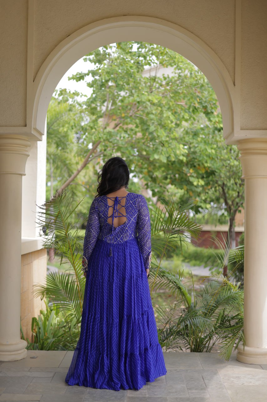 Blue Patchwork Laheriya Print Gown