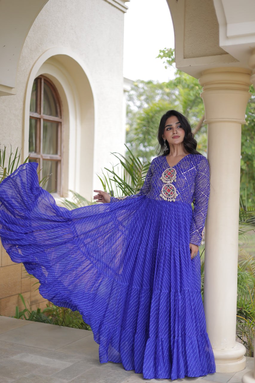 Blue Patchwork Laheriya Print Gown