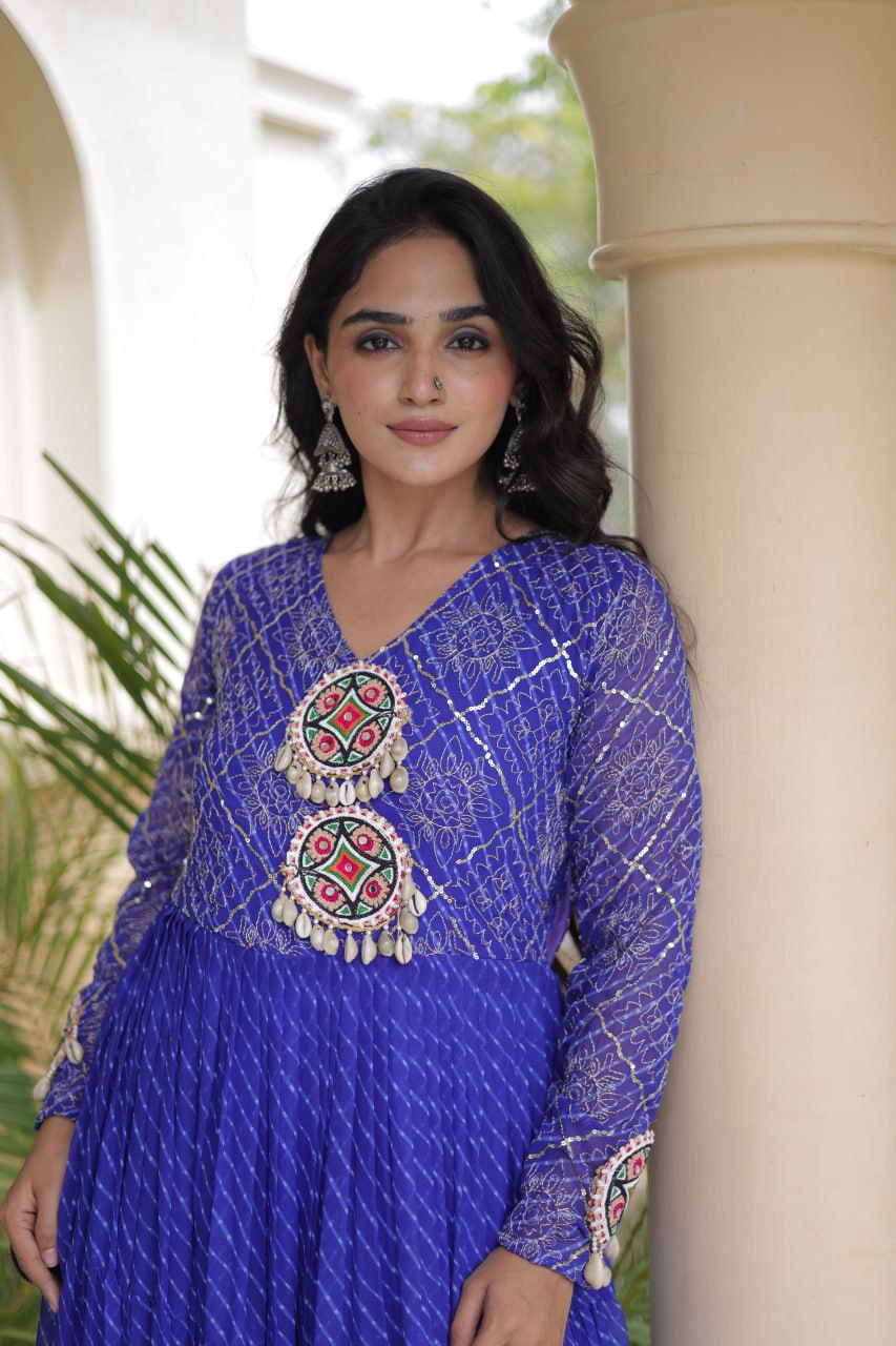Blue Patchwork Laheriya Print Gown