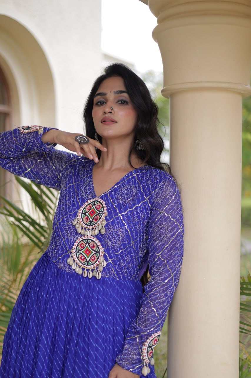 Blue Patchwork Laheriya Print Gown