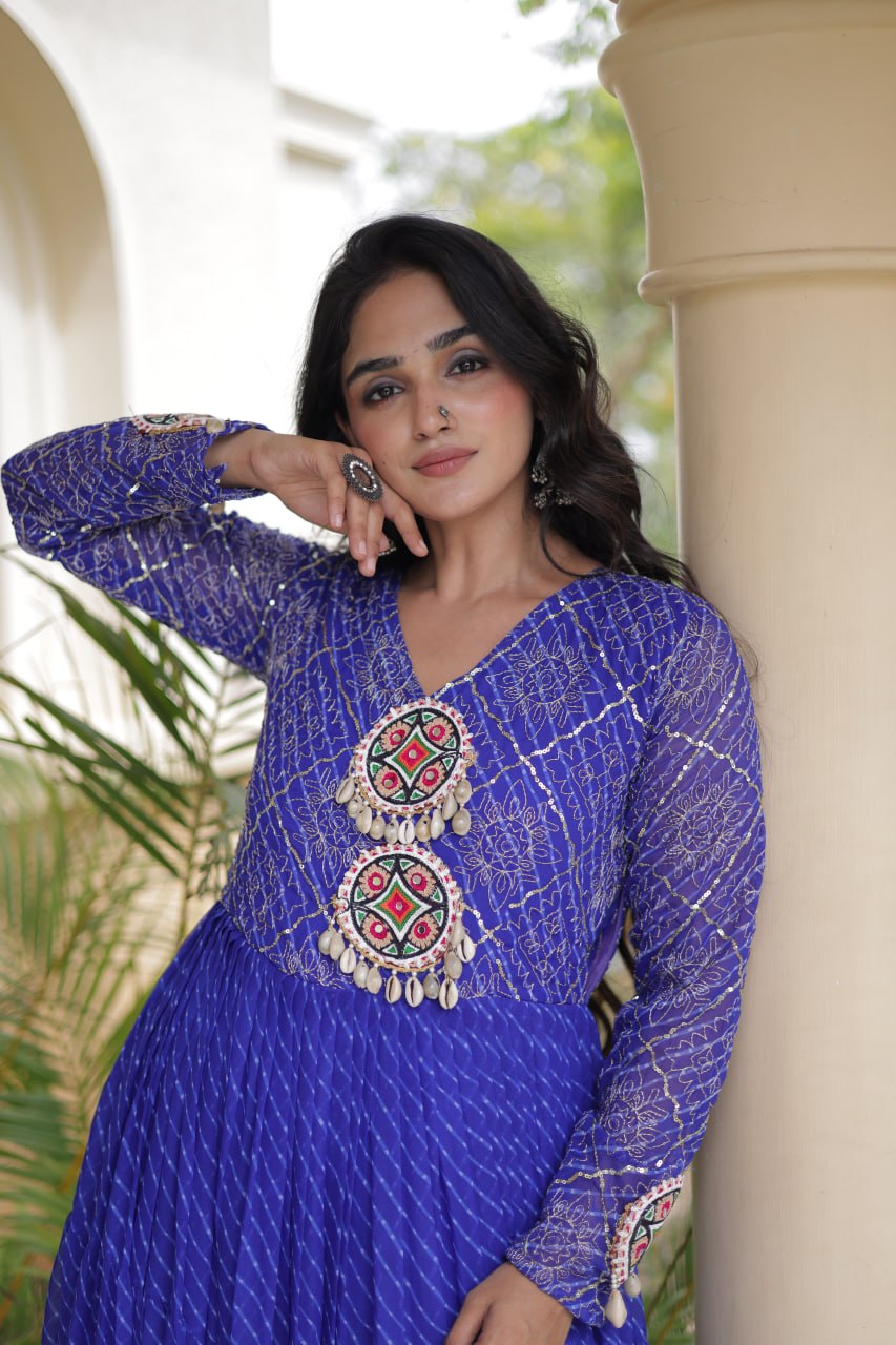 Blue Patchwork Laheriya Print Gown