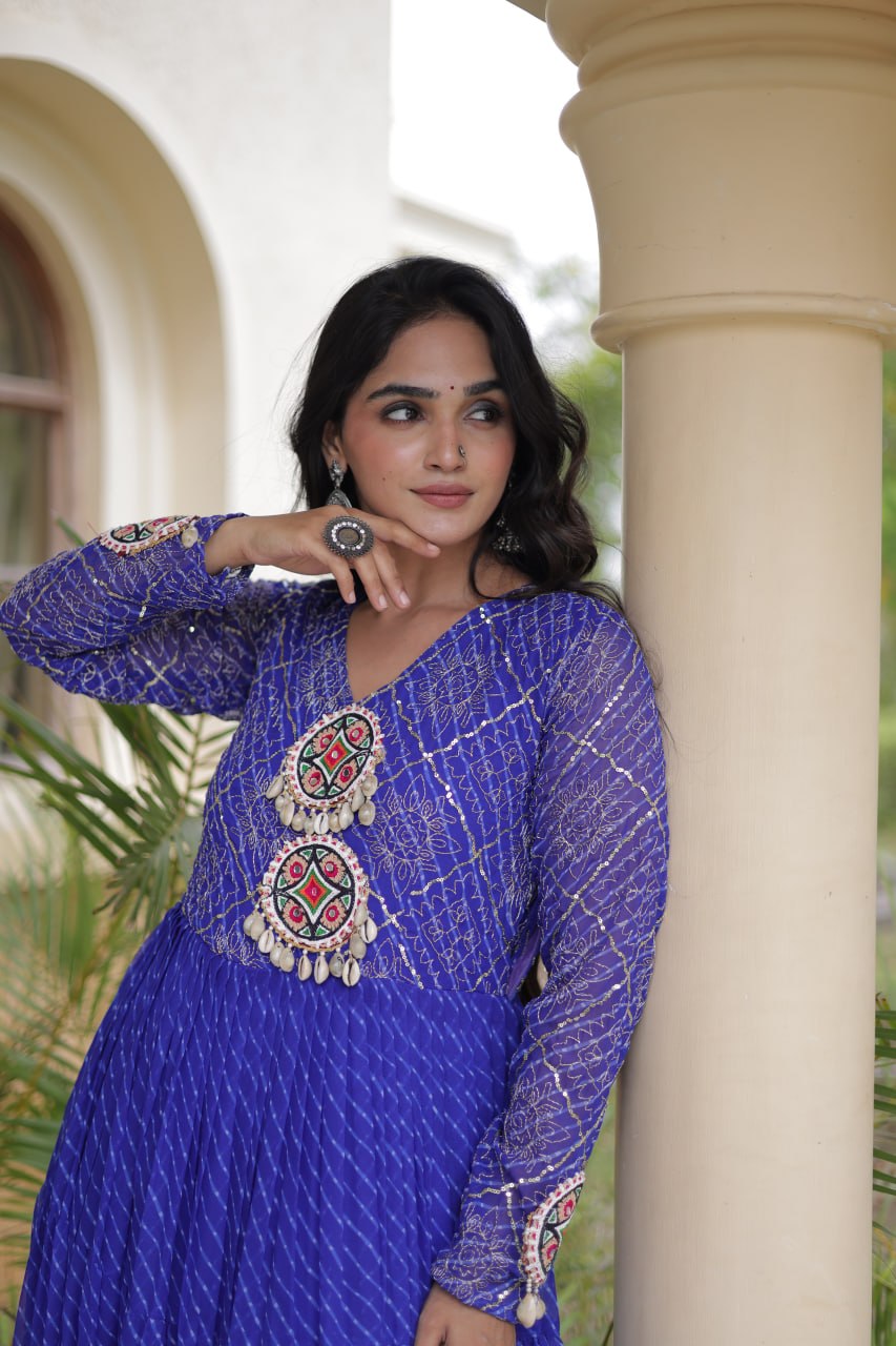 Blue Patchwork Laheriya Print Gown