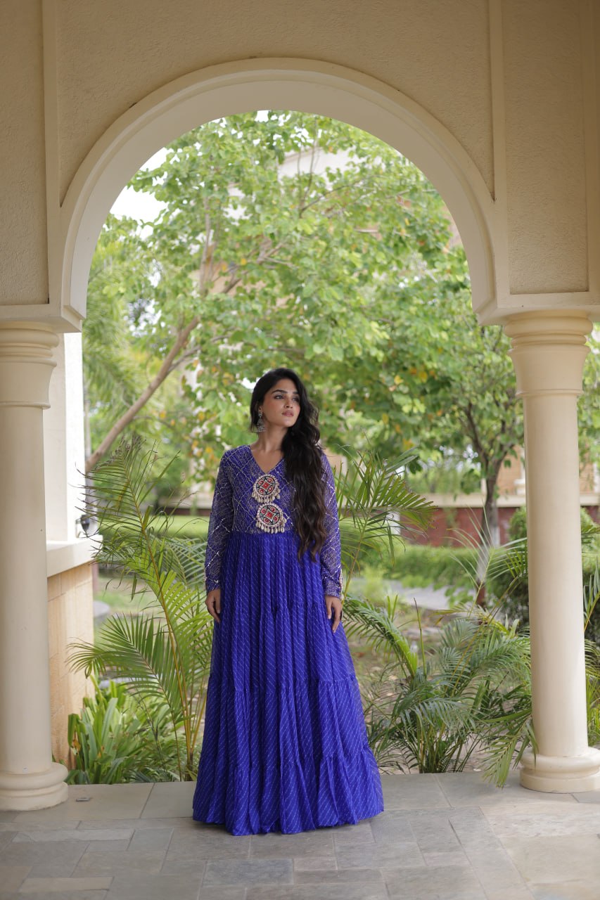 Blue Patchwork Laheriya Print Gown
