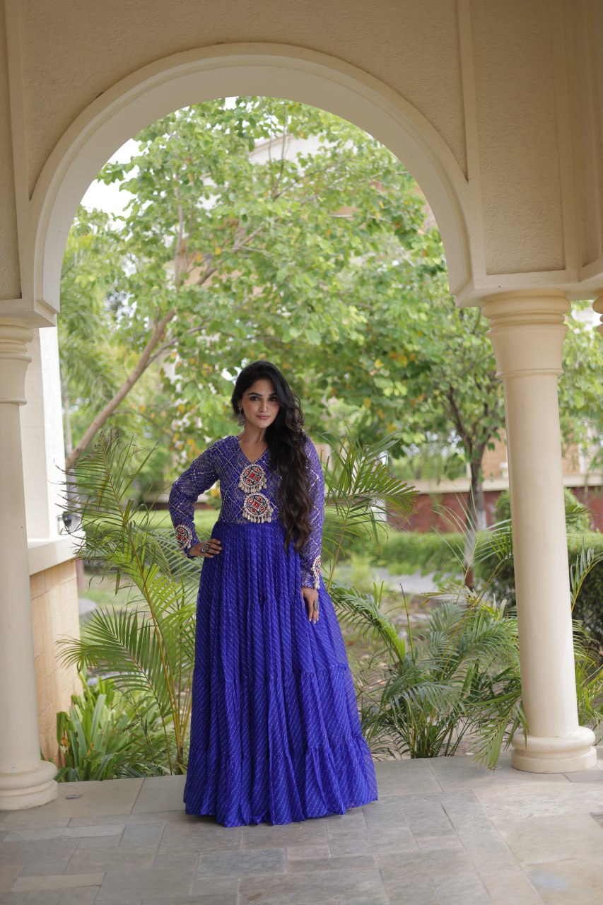 Blue Patchwork Laheriya Print Gown