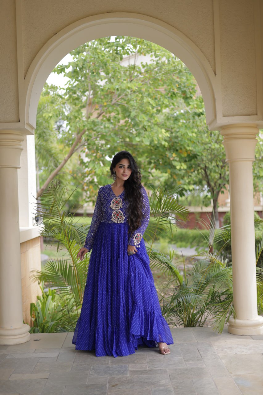 Blue Patchwork Laheriya Print Gown