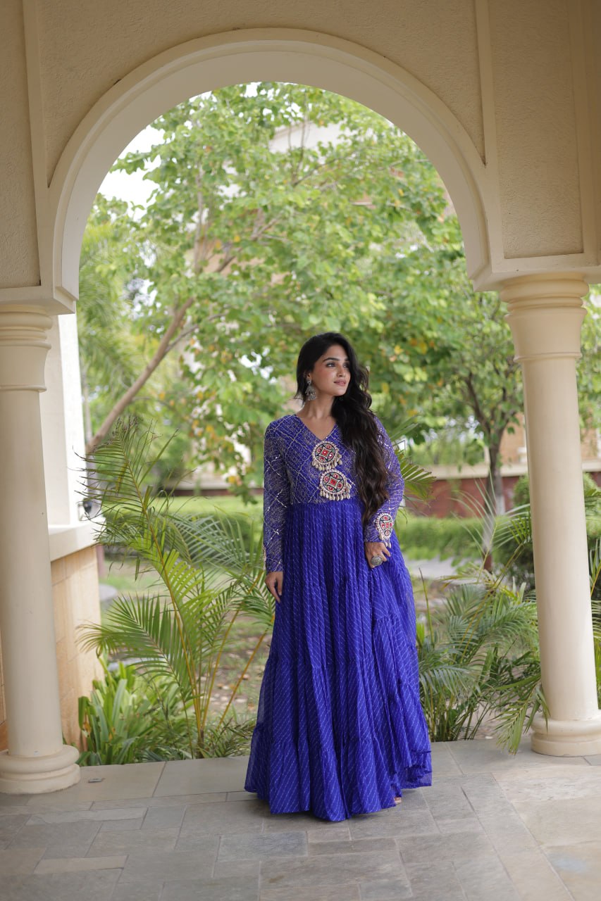 Blue Patchwork Laheriya Print Gown