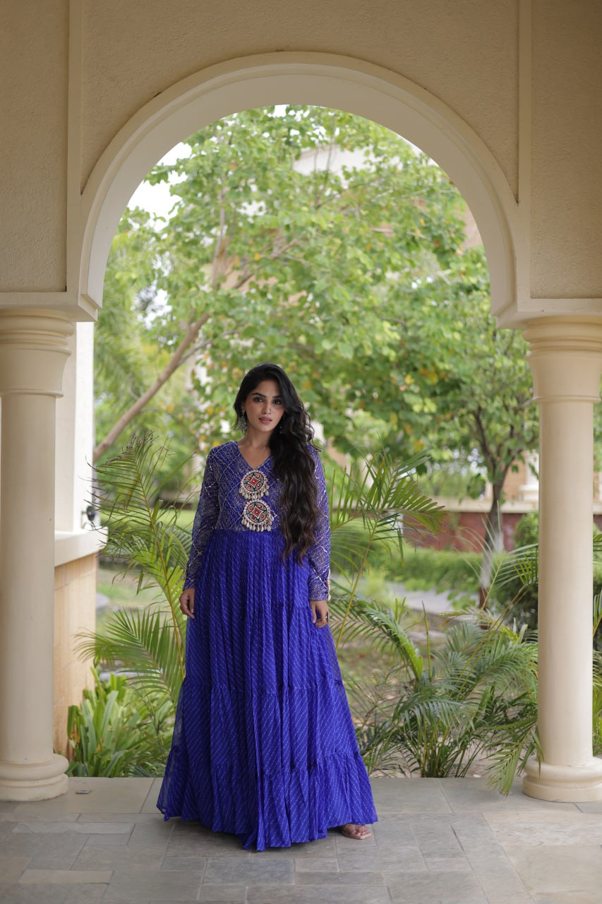 Blue Patchwork Laheriya Print Gown