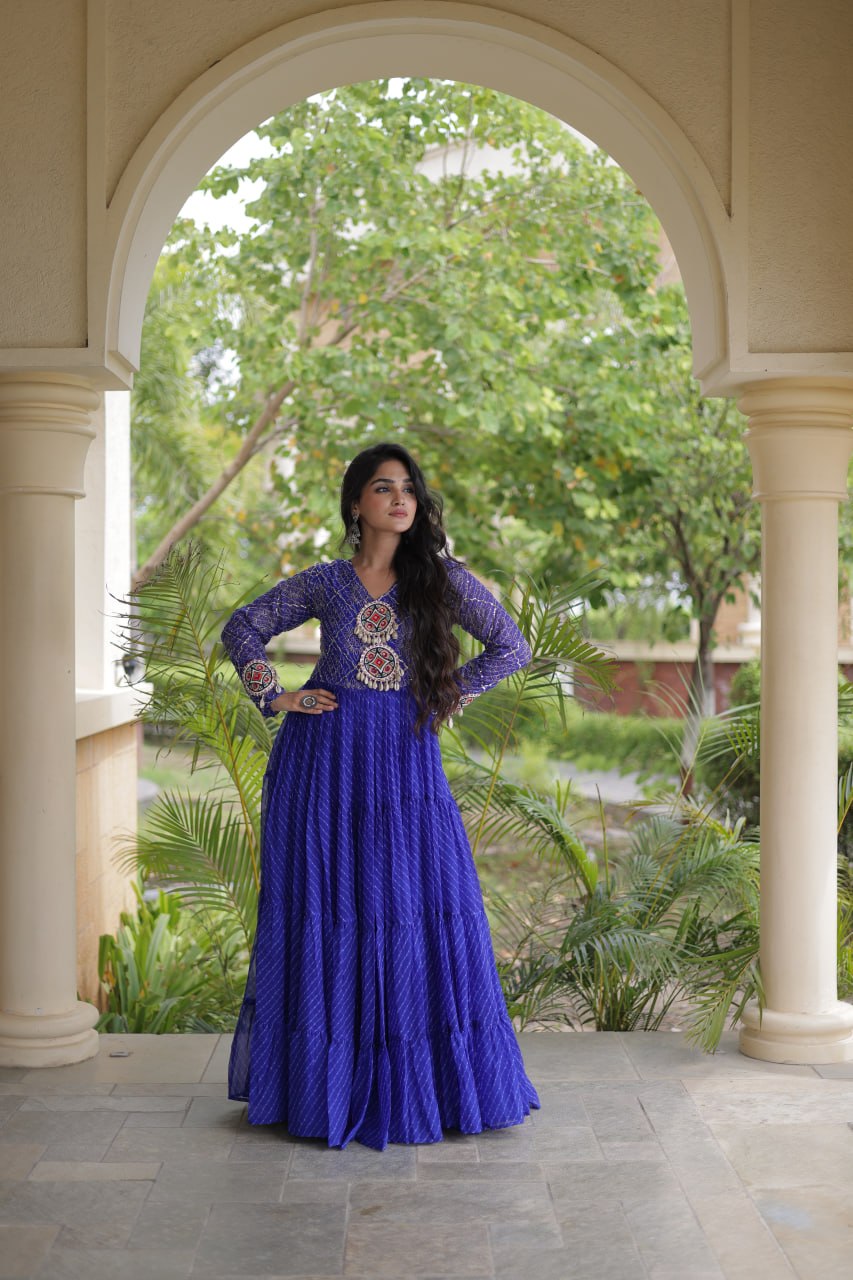 Blue Patchwork Laheriya Print Gown