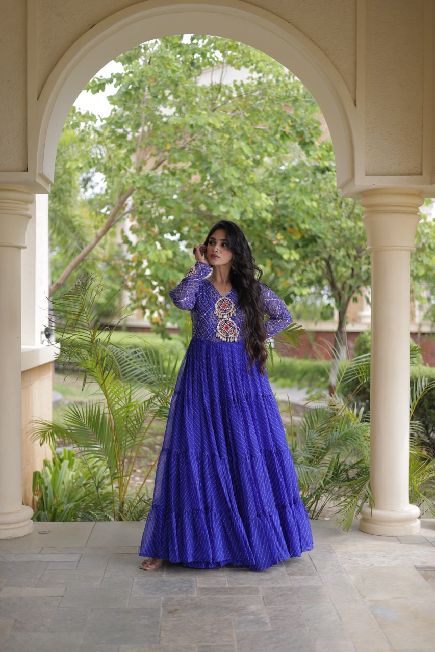 Blue Patchwork Laheriya Print Gown