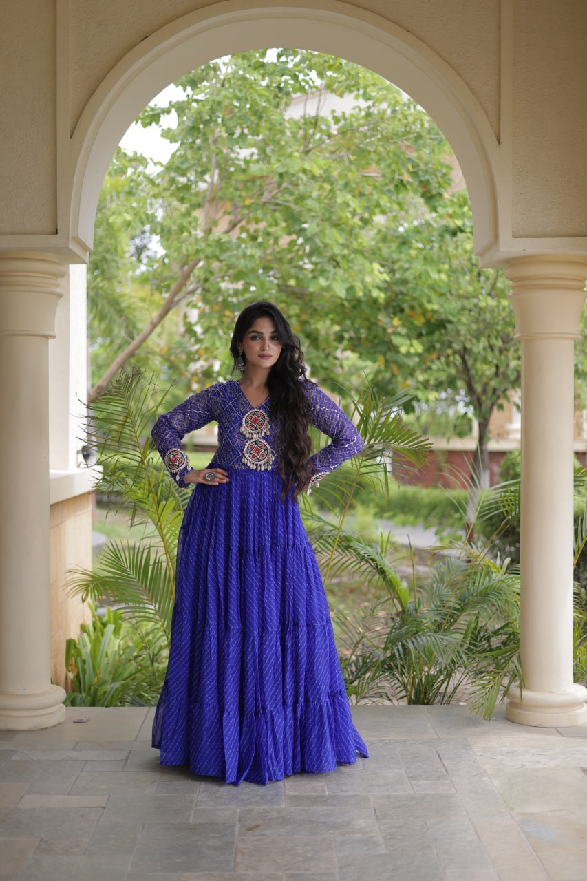 Blue Patchwork Laheriya Print Gown