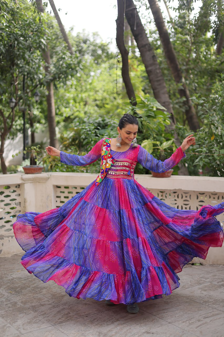 Blue & Pink Navratri Special Laheriya & Bandhej Printed Faux Georgette Gown with Kutchi Patchwork