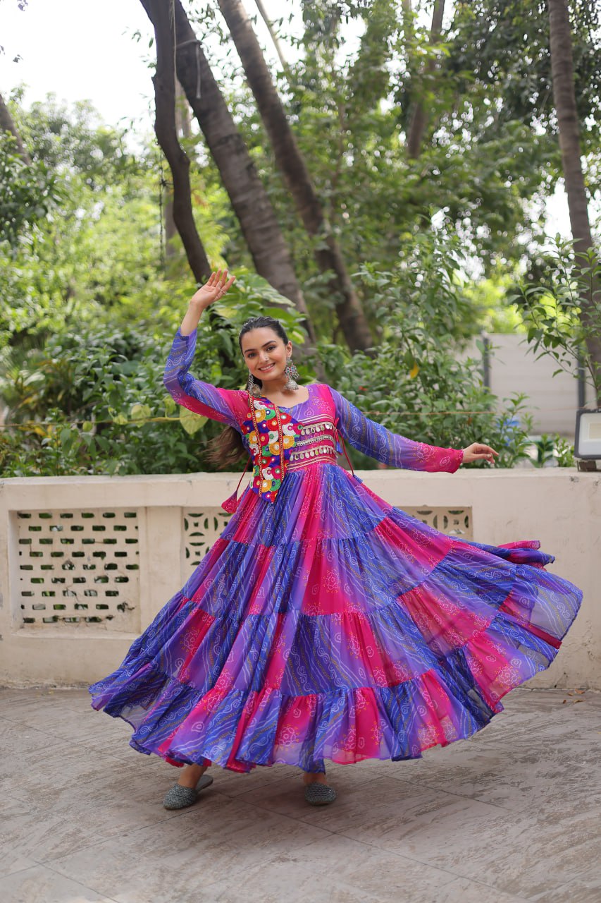 Blue & Pink Navratri Special Laheriya & Bandhej Printed Faux Georgette Gown with Kutchi Patchwork