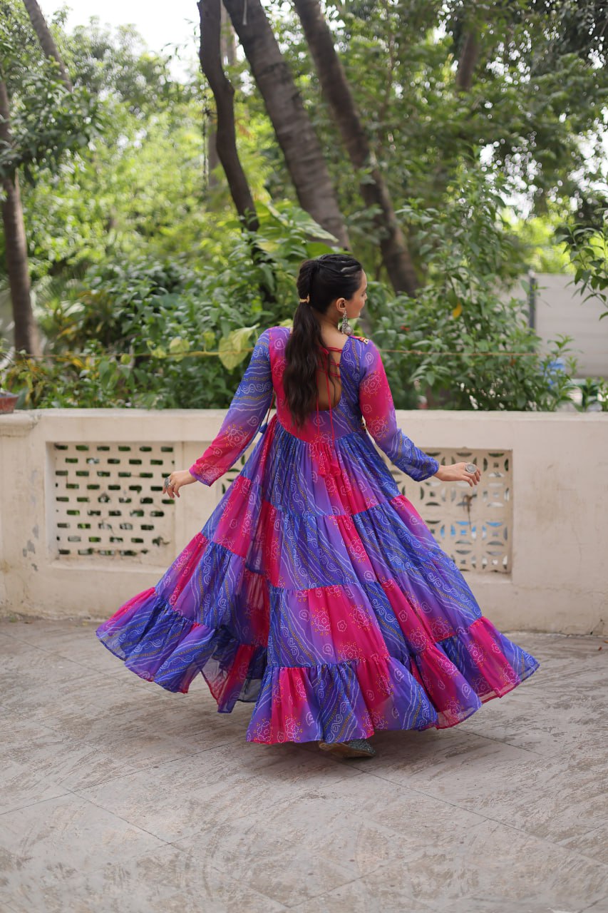 Blue & Pink Navratri Special Laheriya & Bandhej Printed Faux Georgette Gown with Kutchi Patchwork