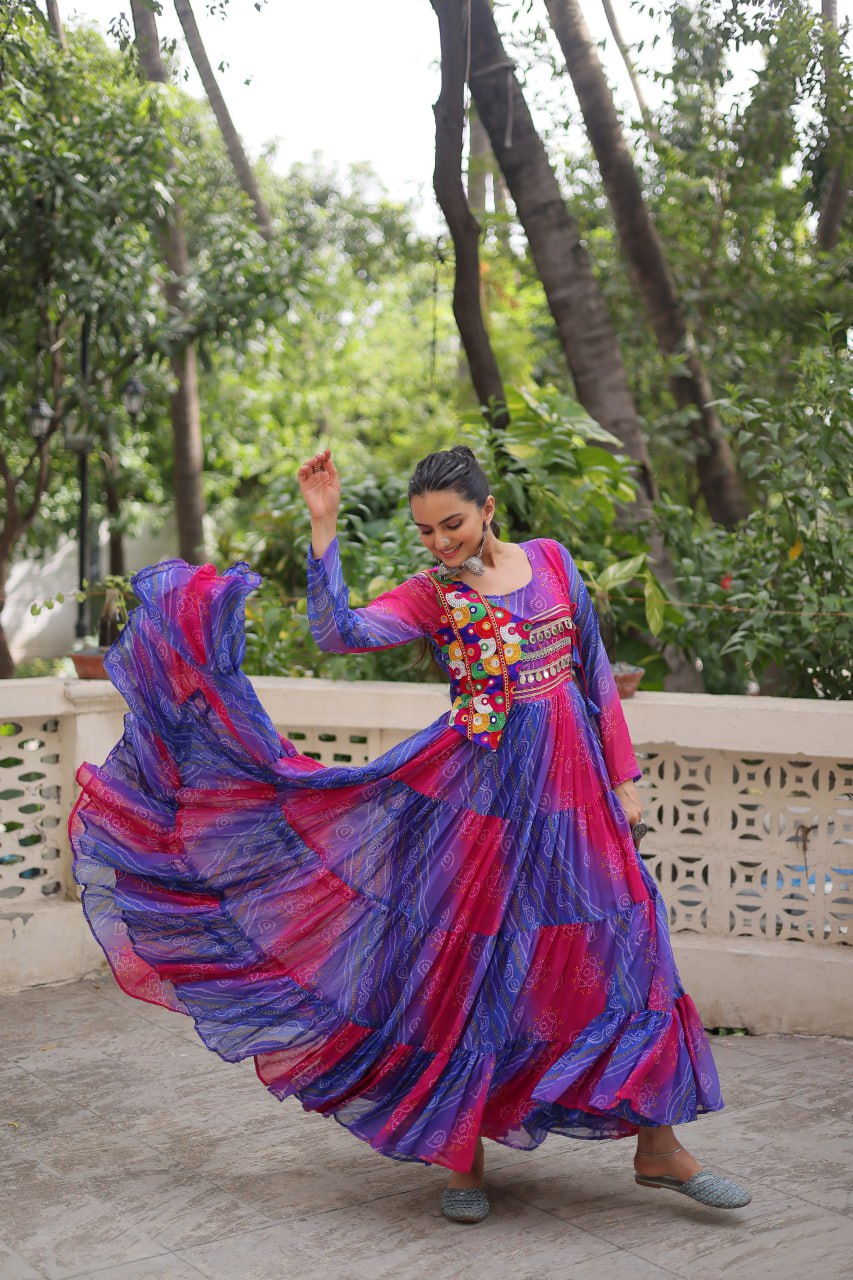 Blue & Pink Navratri Special Laheriya & Bandhej Printed Faux Georgette Gown with Kutchi Patchwork
