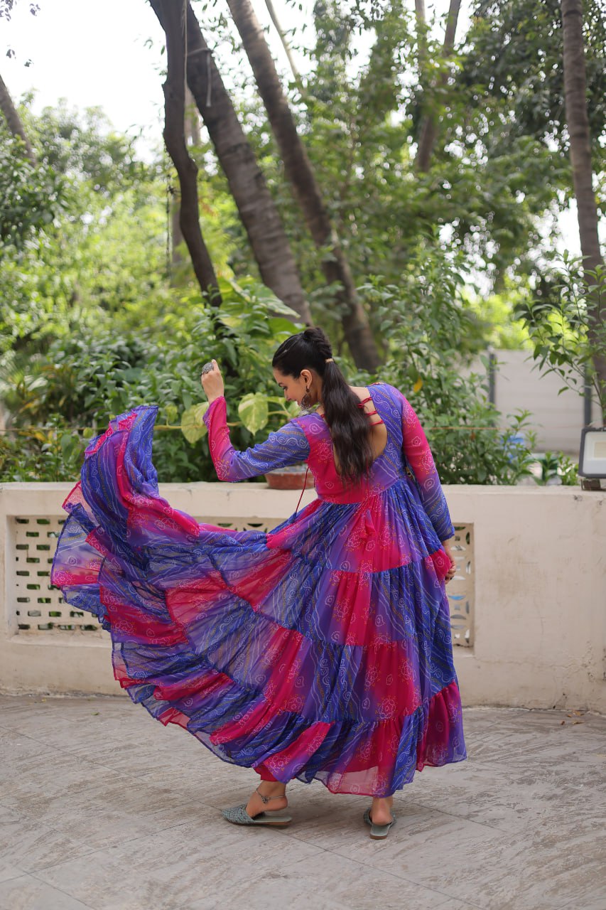 Blue & Pink Navratri Special Laheriya & Bandhej Printed Faux Georgette Gown with Kutchi Patchwork