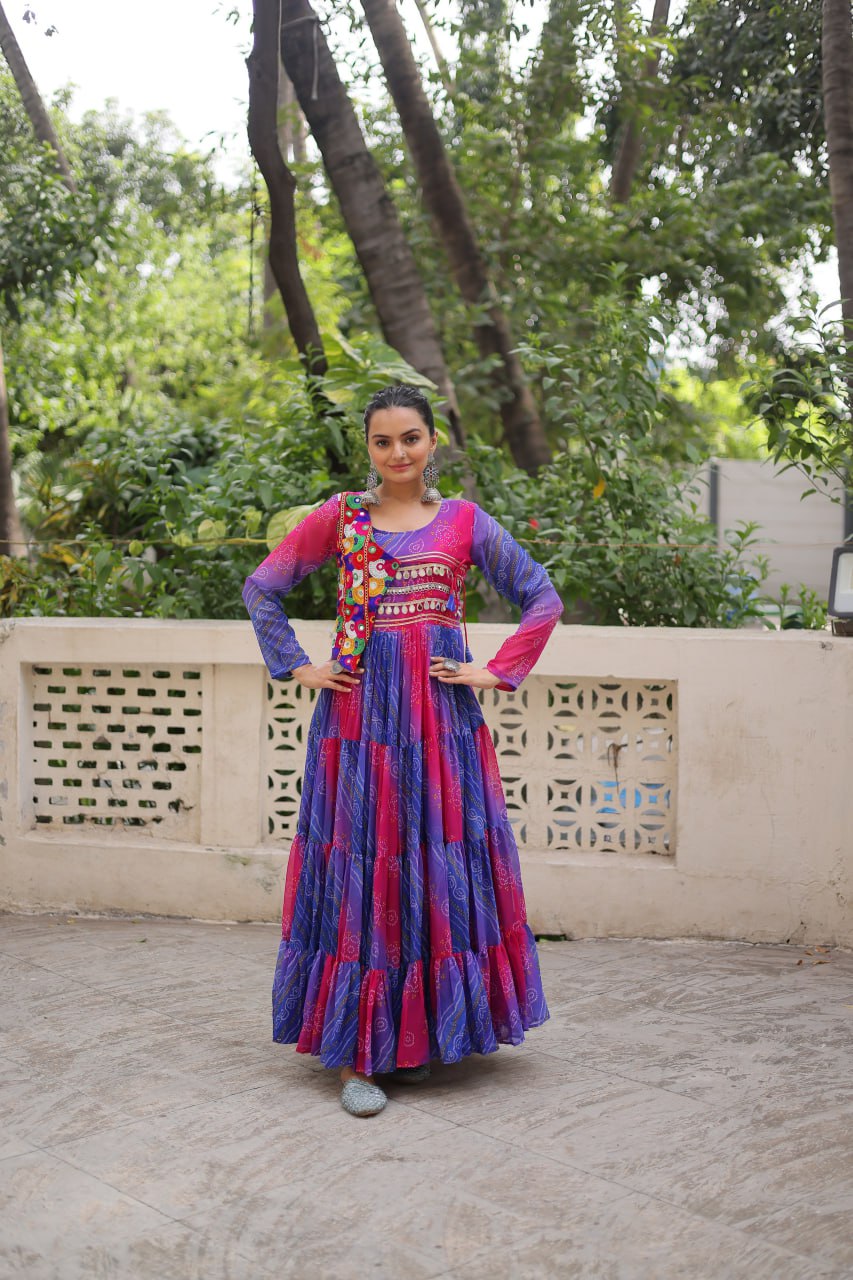Blue & Pink Navratri Special Laheriya & Bandhej Printed Faux Georgette Gown with Kutchi Patchwork