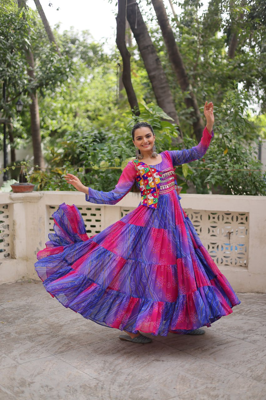 Blue & Pink Navratri Special Laheriya & Bandhej Printed Faux Georgette Gown with Kutchi Patchwork