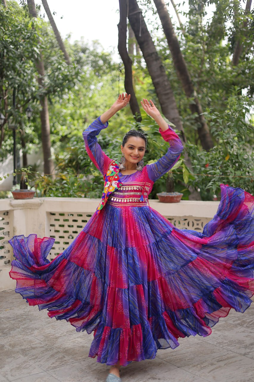 Blue & Pink Navratri Special Laheriya & Bandhej Printed Faux Georgette Gown with Kutchi Patchwork