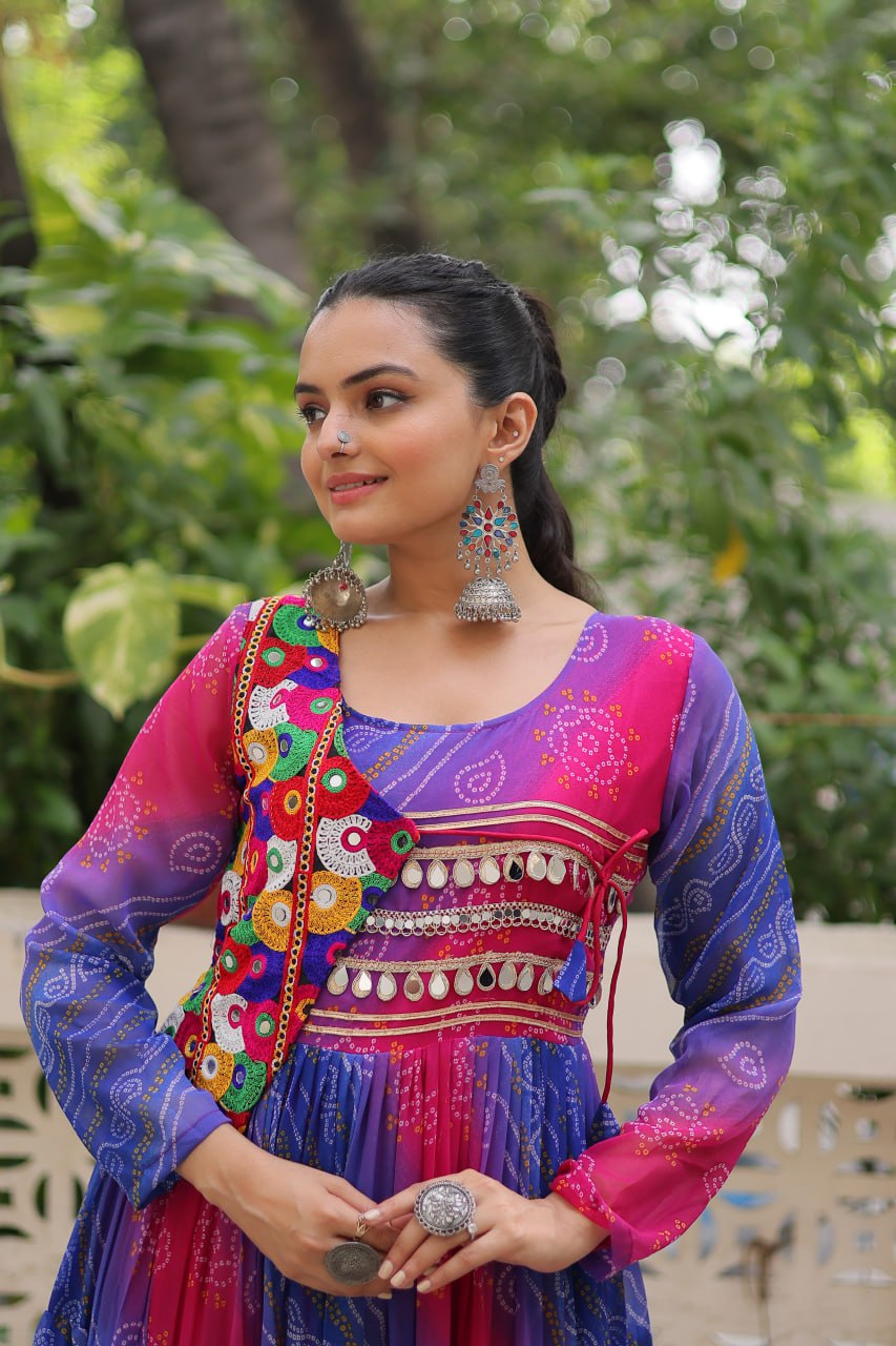Blue & Pink Navratri Special Laheriya & Bandhej Printed Faux Georgette Gown with Kutchi Patchwork