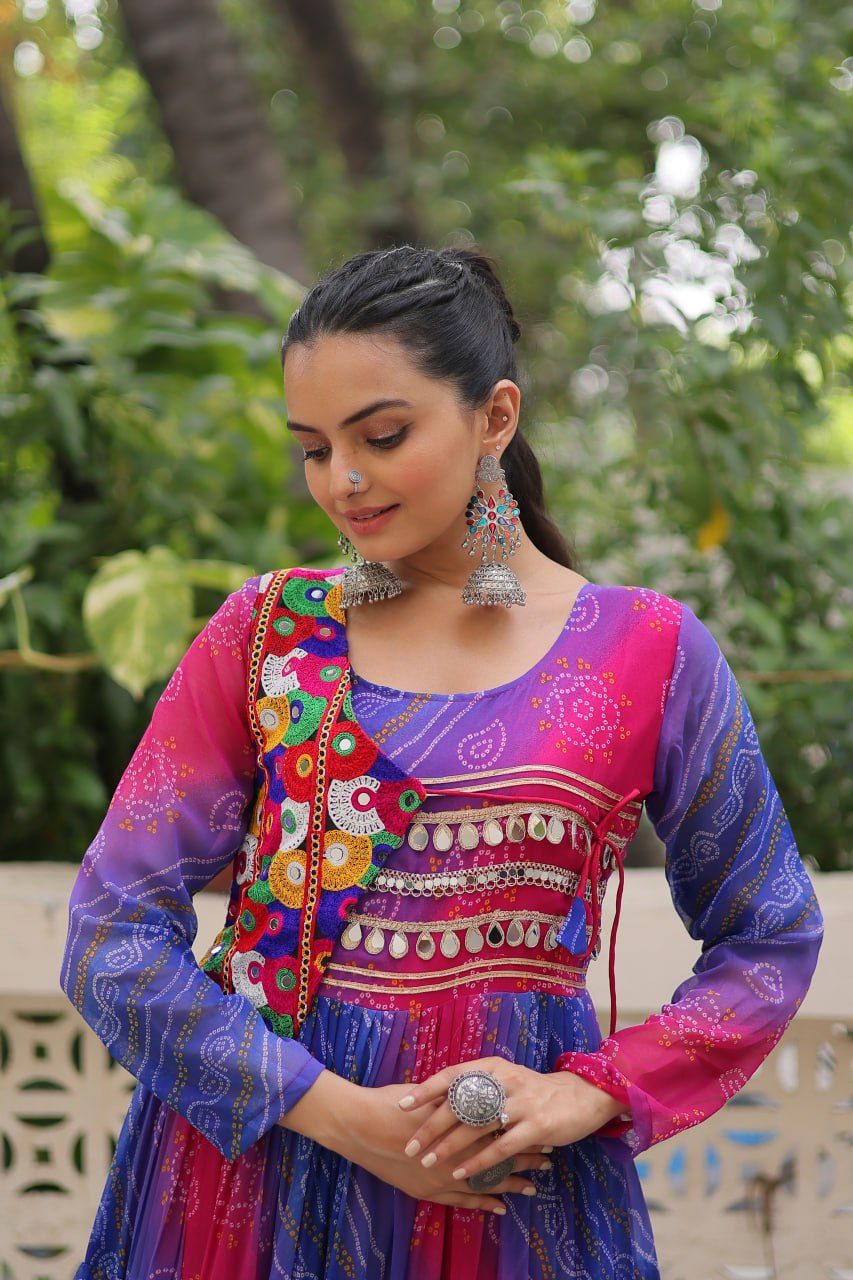 Blue & Pink Navratri Special Laheriya & Bandhej Printed Faux Georgette Gown with Kutchi Patchwork