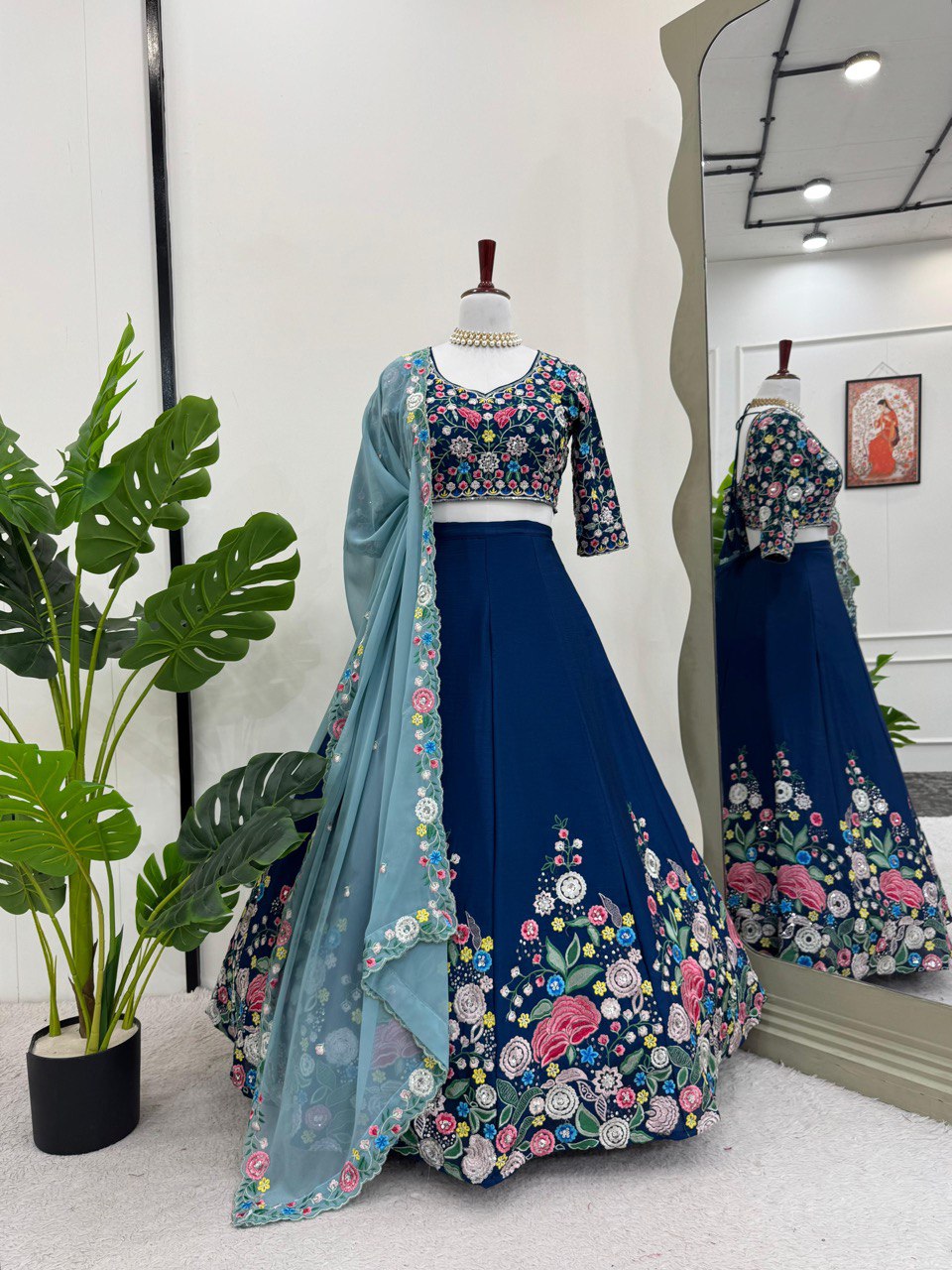Blue Premium Chinon Silk Lehenga Set with Sequin Work