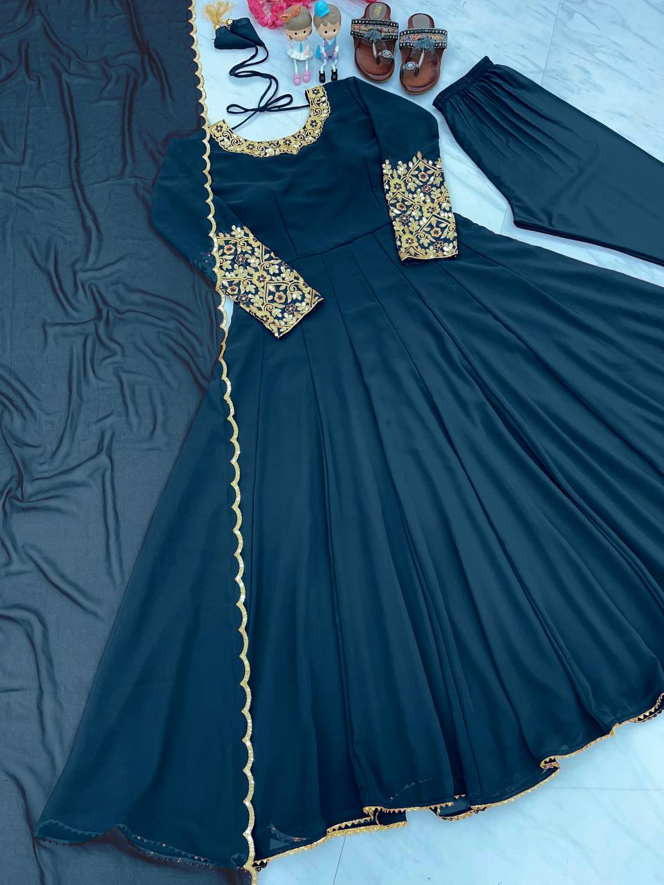 Blue Premium Designer Party Wear Anarkali Gown, Dupatta & Bottom Set