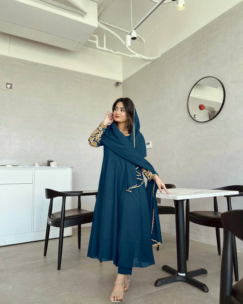 Blue Premium Designer Party Wear Anarkali Gown, Dupatta & Bottom Set