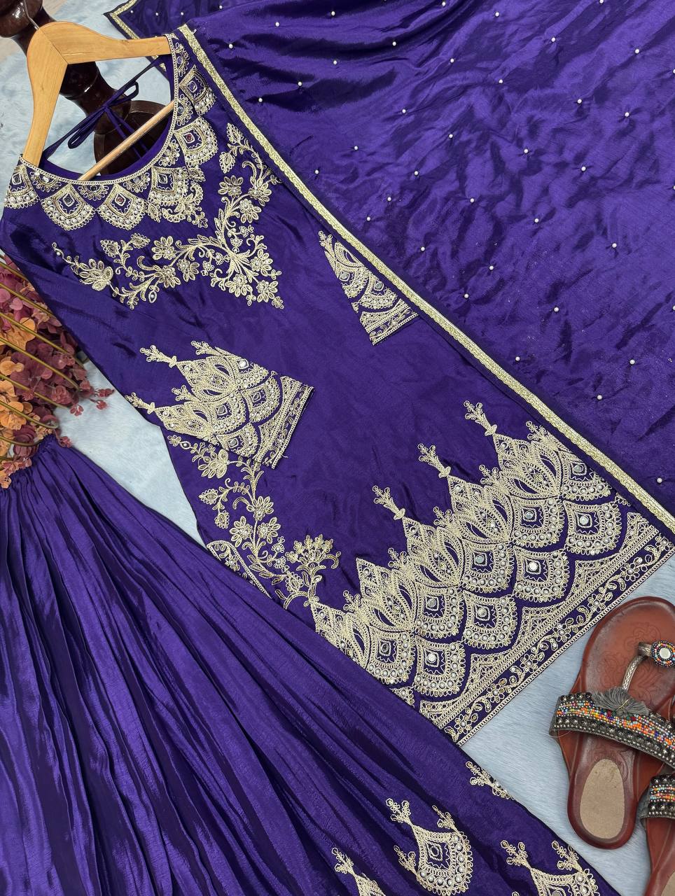 Blue Premium Designer Party Wear Chinon Silk Top, Palazzo & Dupatta Set
