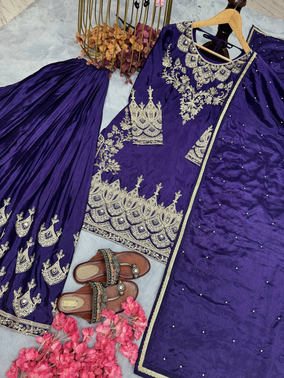 Blue Premium Designer Party Wear Chinon Silk Top, Palazzo & Dupatta Set