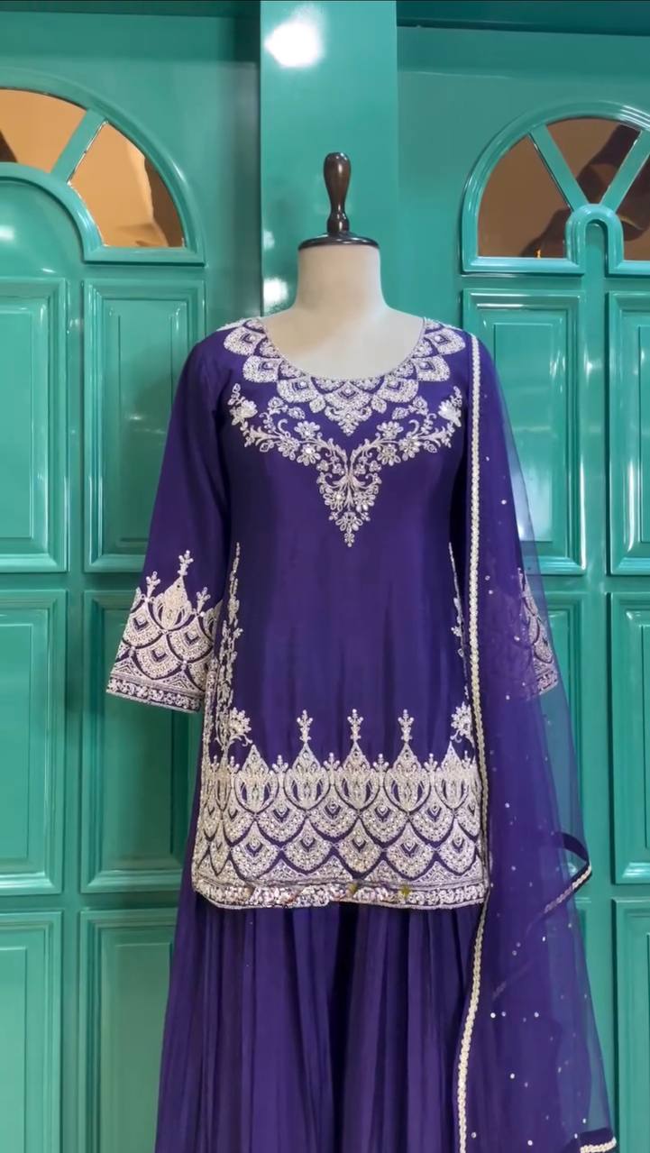 Blue Premium Designer Party Wear Chinon Silk Top, Palazzo & Dupatta Set