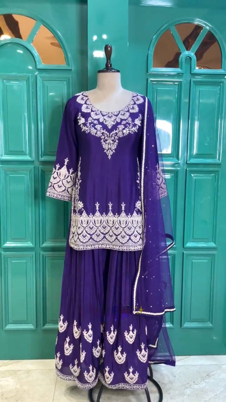 Blue Premium Designer Party Wear Chinon Silk Top, Palazzo & Dupatta Set