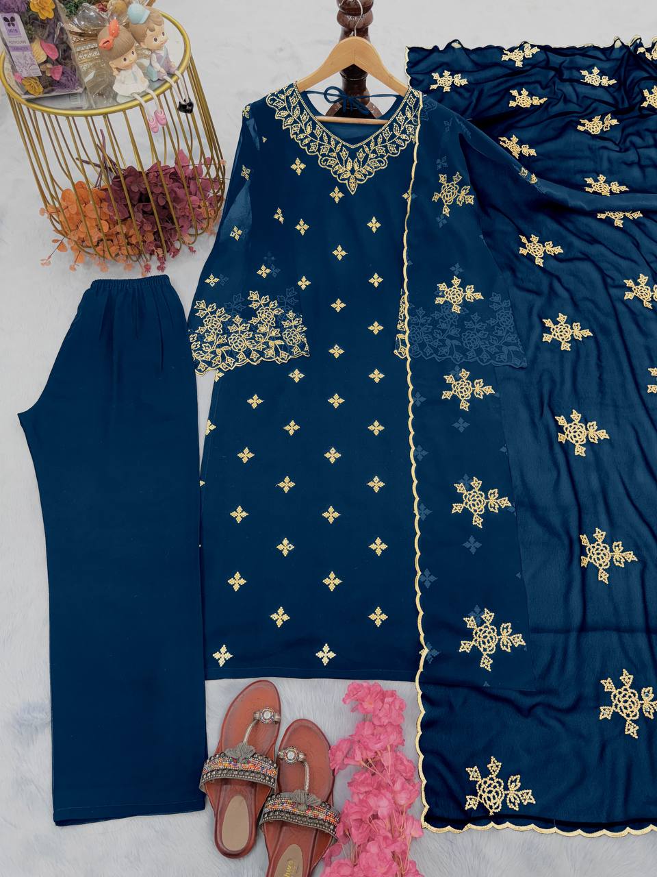 Blue Premium Designer Party Wear Faux Georgette Top, Bottom & Dupatta Set