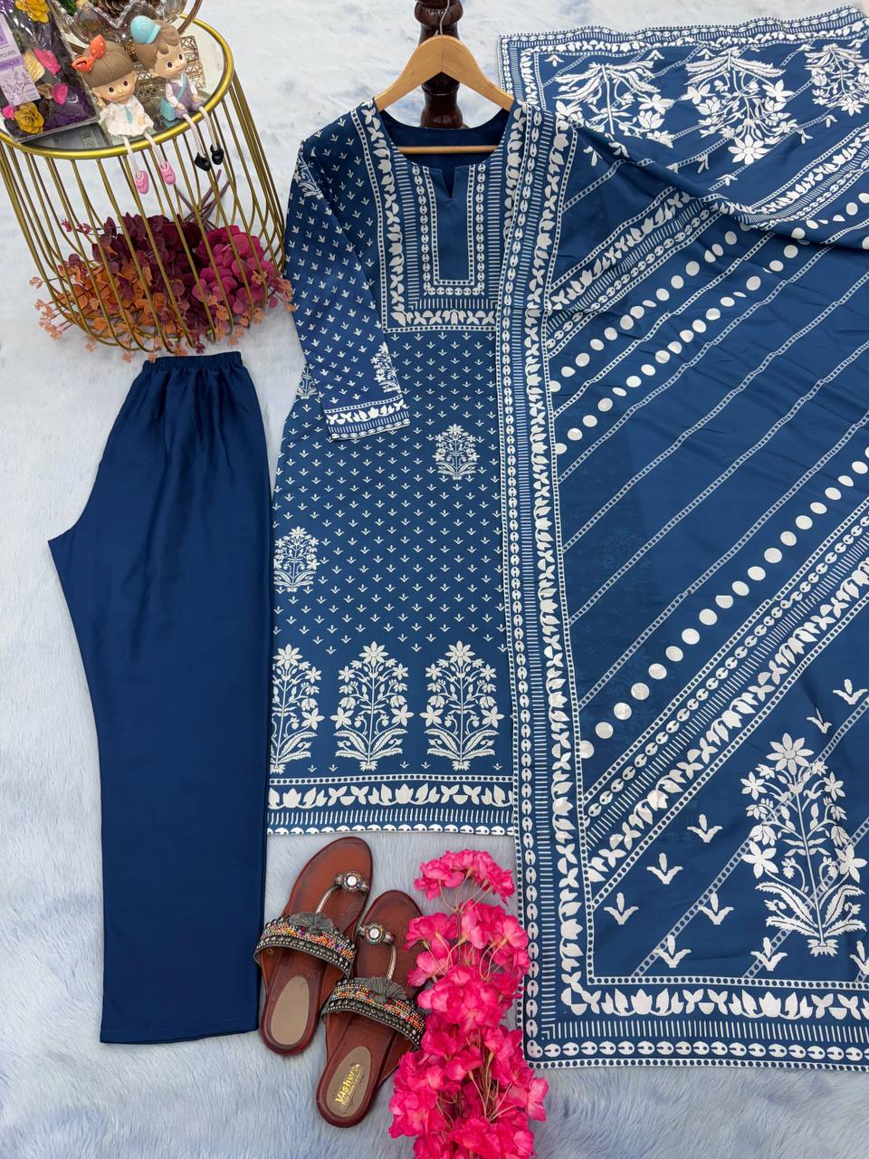 Blue Premium Designer Party Wear Maslin Cotton Top, Bottom & Dupatta Set