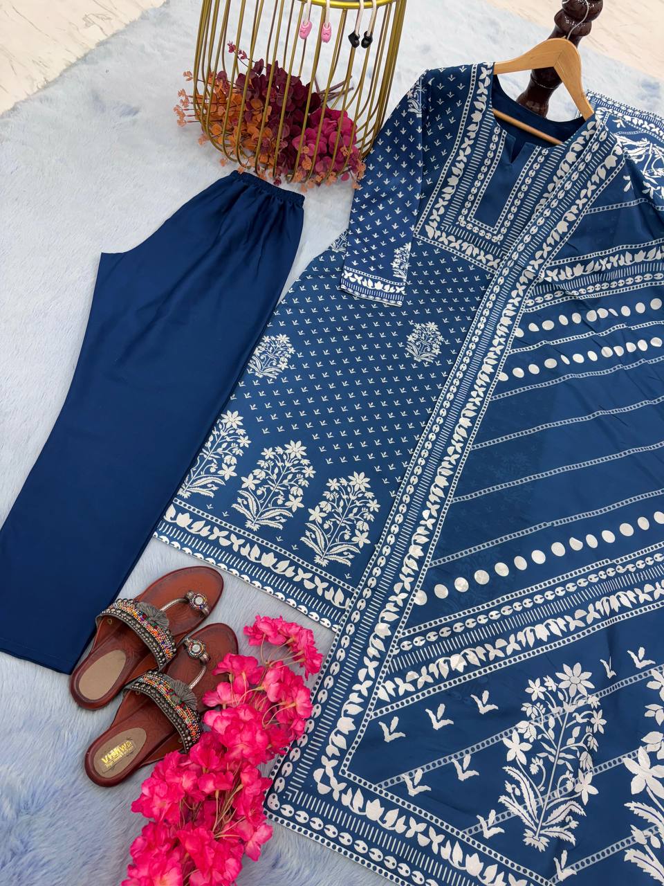 Blue Premium Designer Party Wear Maslin Cotton Top, Bottom & Dupatta Set