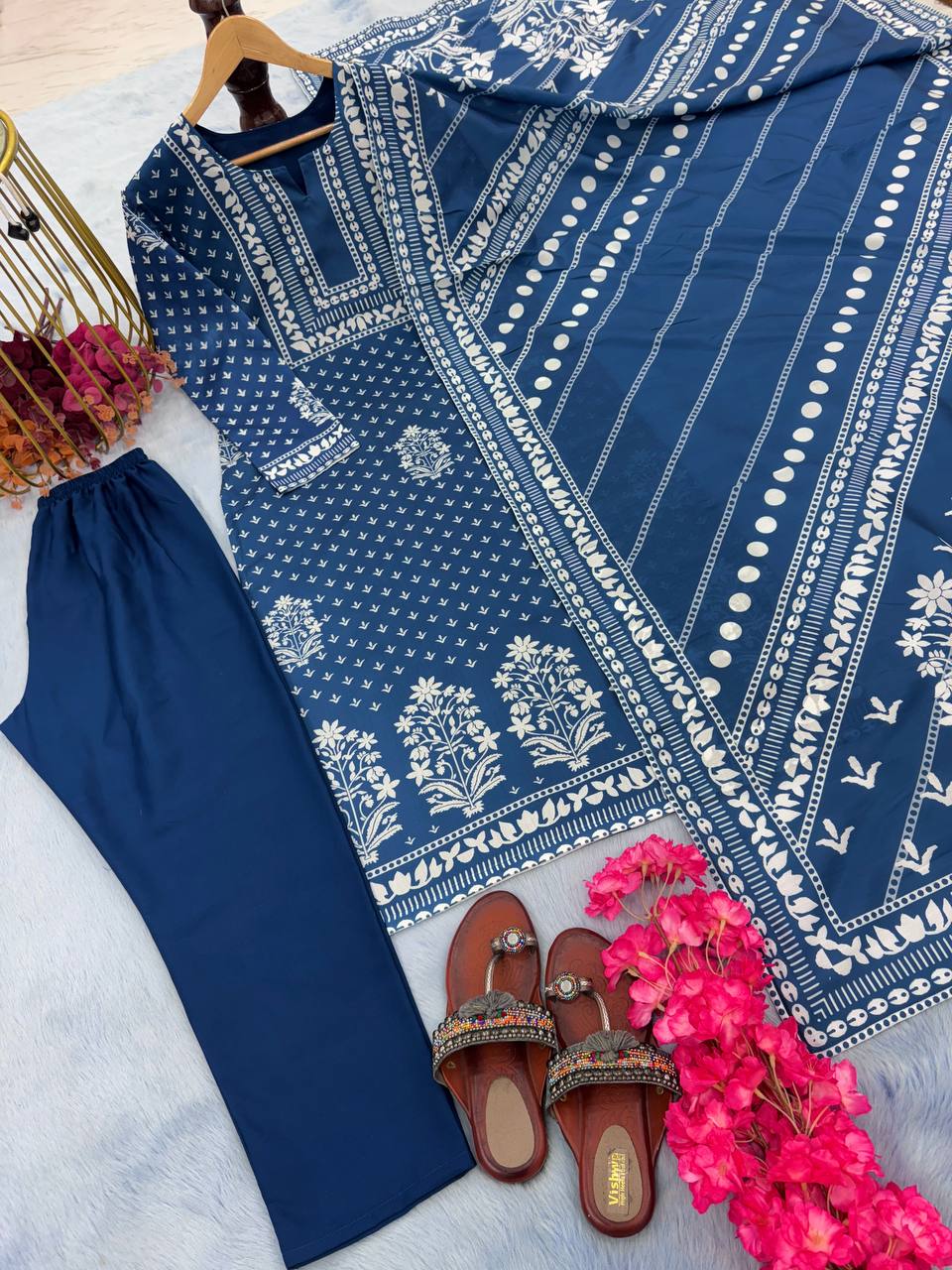 Blue Premium Designer Party Wear Maslin Cotton Top, Bottom & Dupatta Set